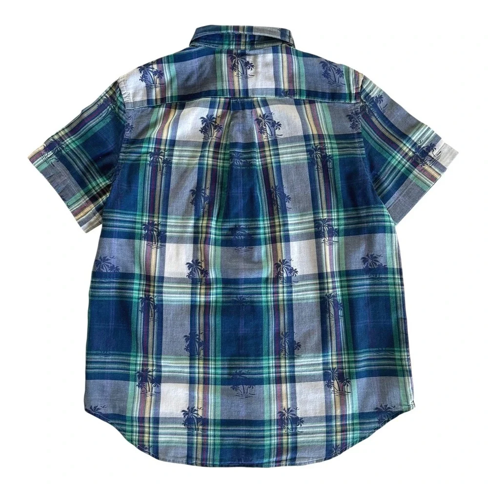 Ralph Lauren Boy Large 14-16 Plaid Palm Tree Short Sleeve Button Down Shirt Blue